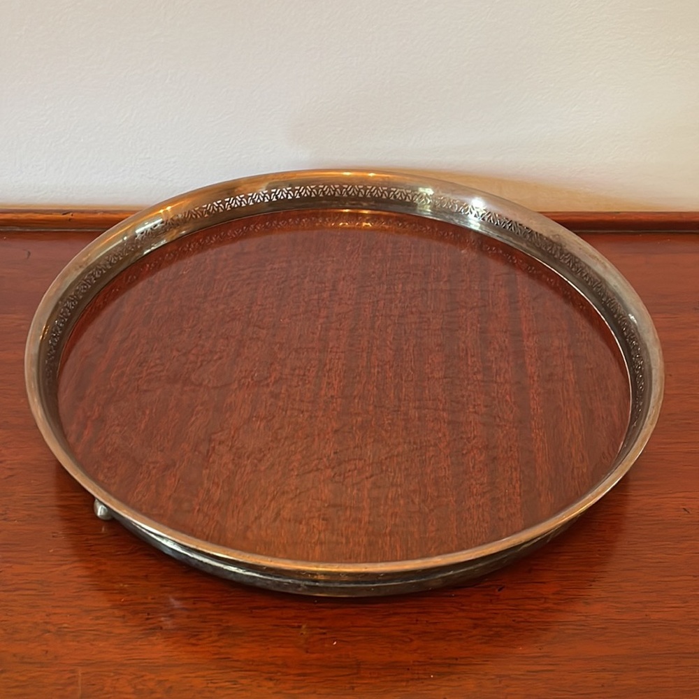 Vintage Crescent Formica Laminate & Silver Metal Footed Round Tray